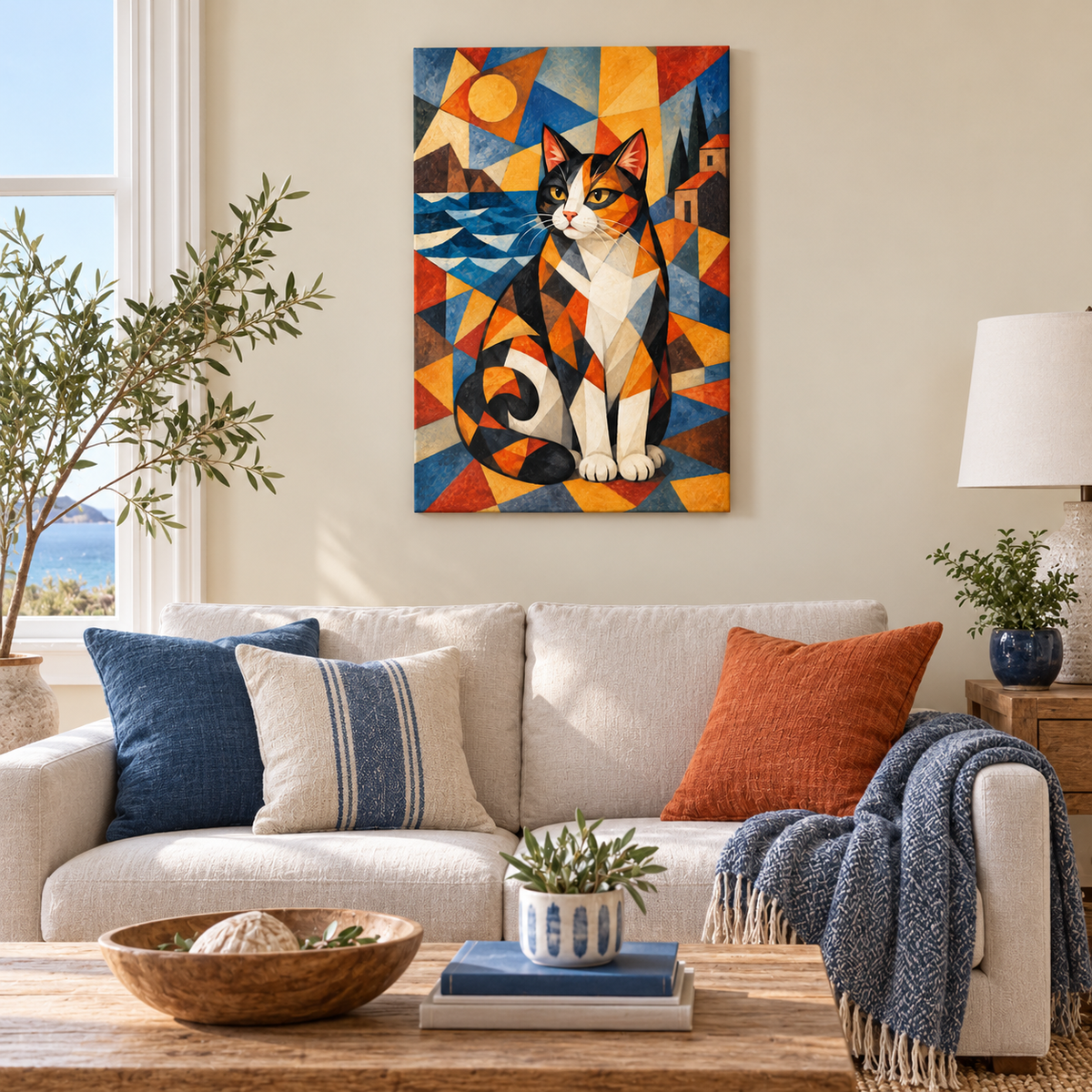 Cubist Calico Cat — Brown Frame room scene | AUSJOJO