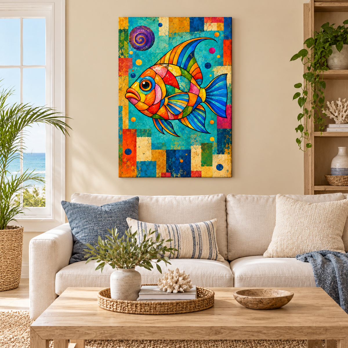 Mosaic Tropical Fish — Brown Frame room scene | AUSJOJO