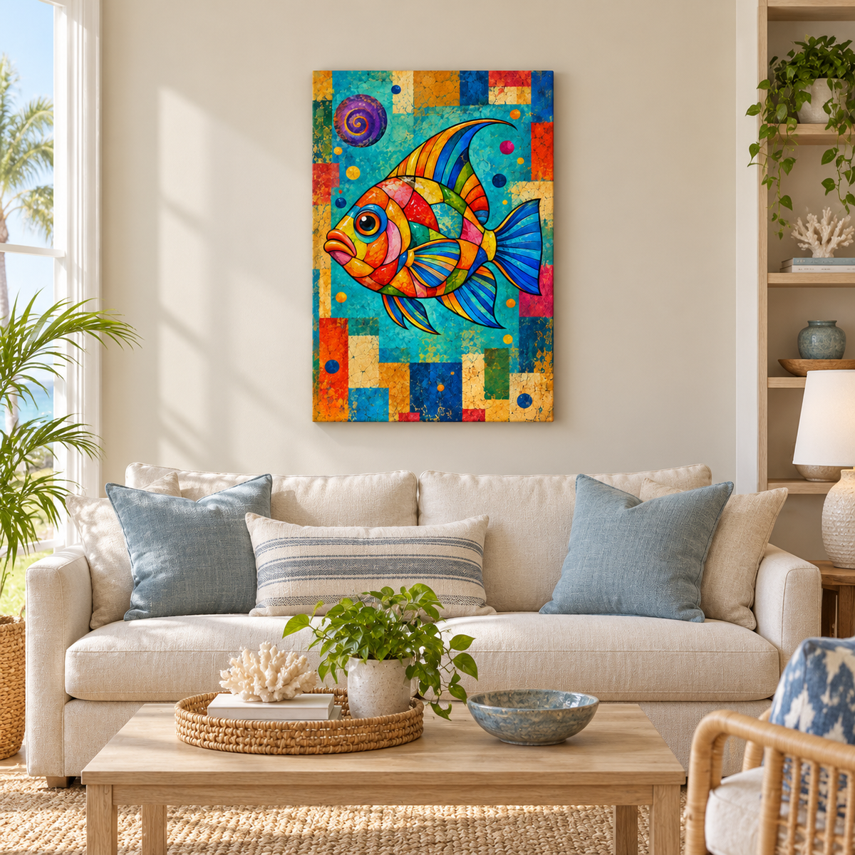 Mosaic Tropical Fish — Stretched Canvas room scene | AUSJOJO
