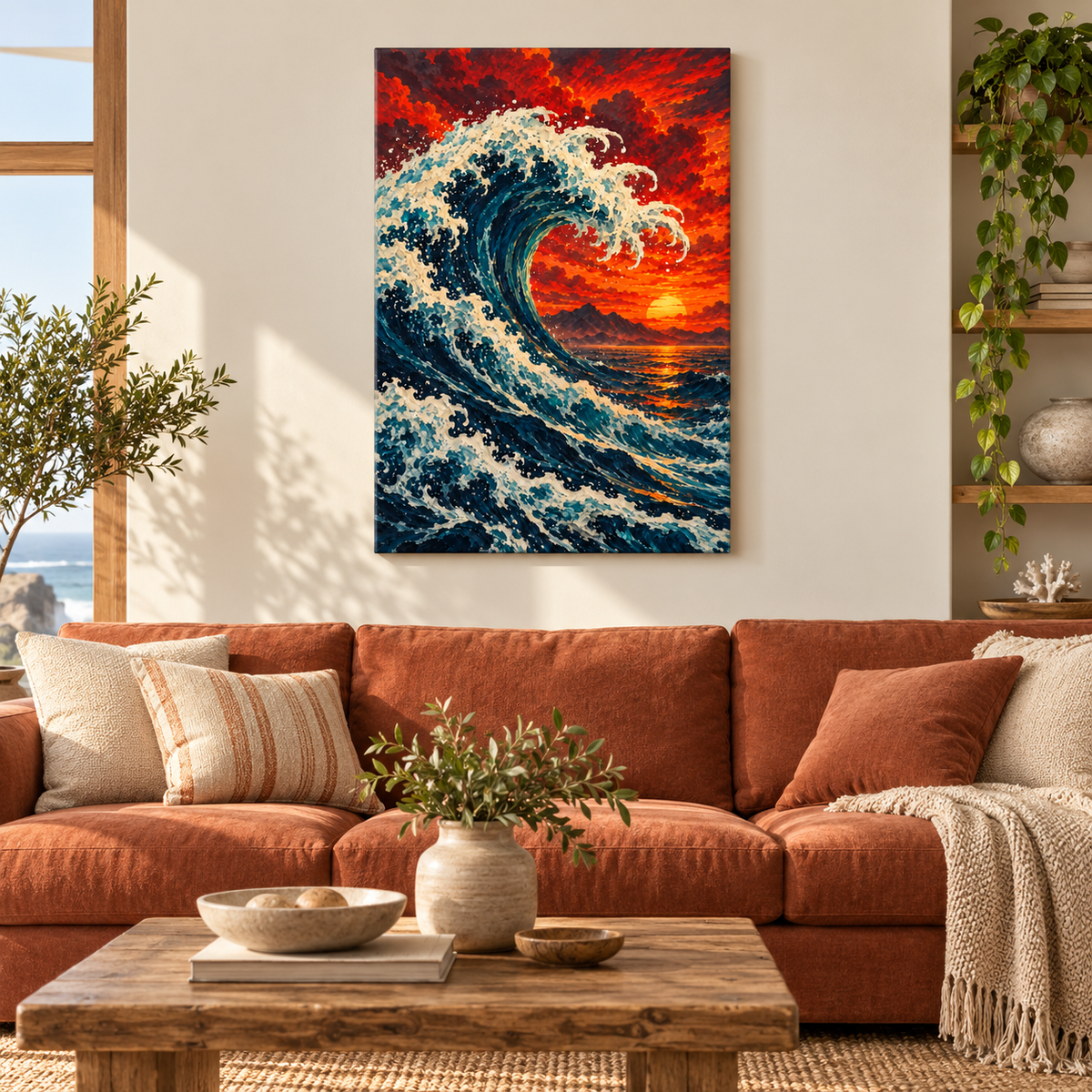Fiery Sunset Wave — Black Frame room scene | AUSJOJO