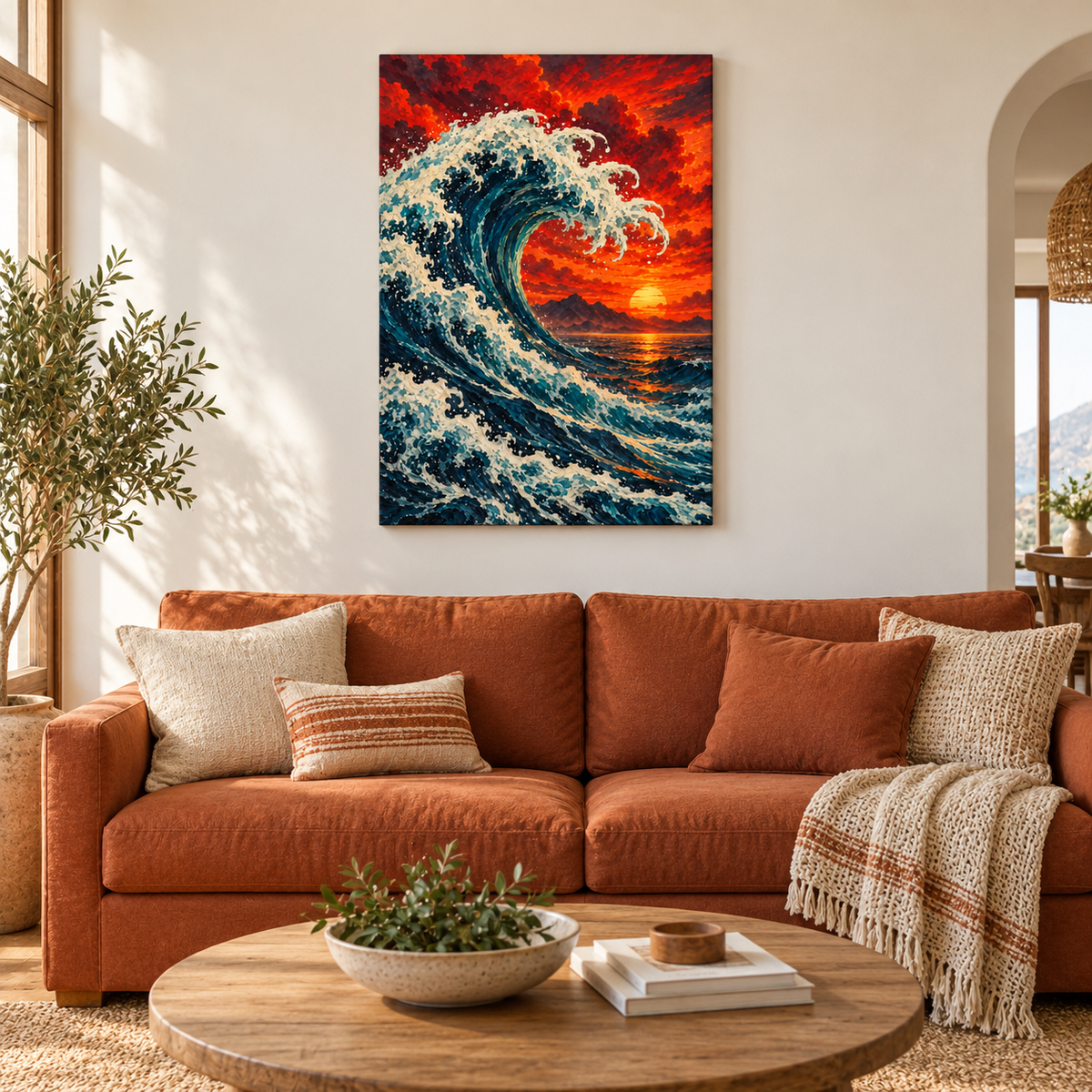 Fiery Sunset Wave — Brown Frame room scene | AUSJOJO