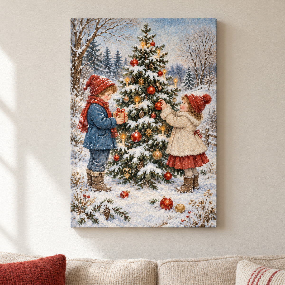 Children Decorating Snowy Christmas Tree — framed artwork main view | AUSJOJO