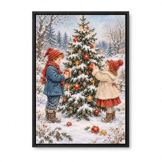 Children Decorating Snowy Christmas Tree — Black Frame finish product view | AUSJOJO