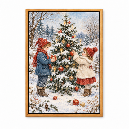 Children Decorating Snowy Christmas Tree — Brown Frame finish product view | AUSJOJO