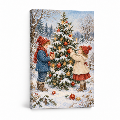 Children Decorating Snowy Christmas Tree — Stretched Canvas product view | AUSJOJO