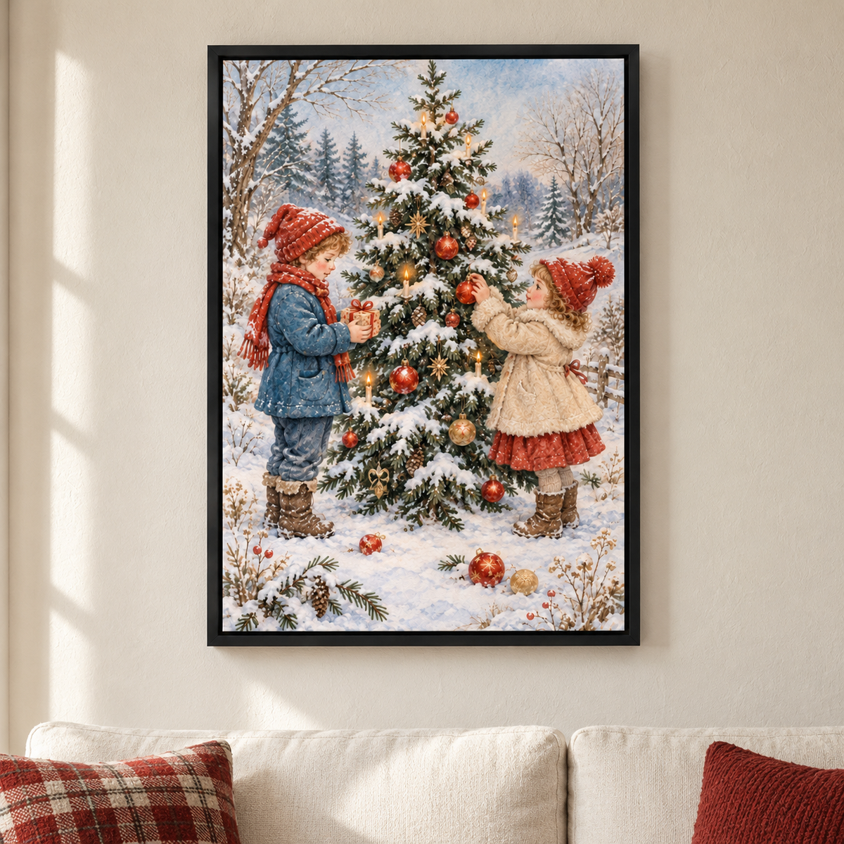 Children Decorating Snowy Christmas Tree — Black Frame room scene | AUSJOJO