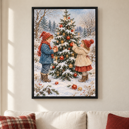 Children Decorating Snowy Christmas Tree — Black Frame room scene | AUSJOJO