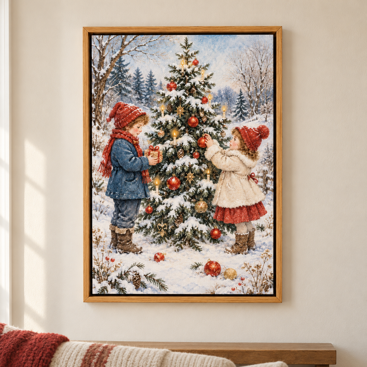 Children Decorating Snowy Christmas Tree — Brown Frame room scene | AUSJOJO
