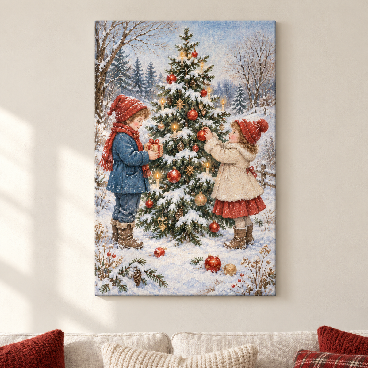 Children Decorating Snowy Christmas Tree — Stretched Canvas room scene | AUSJOJO