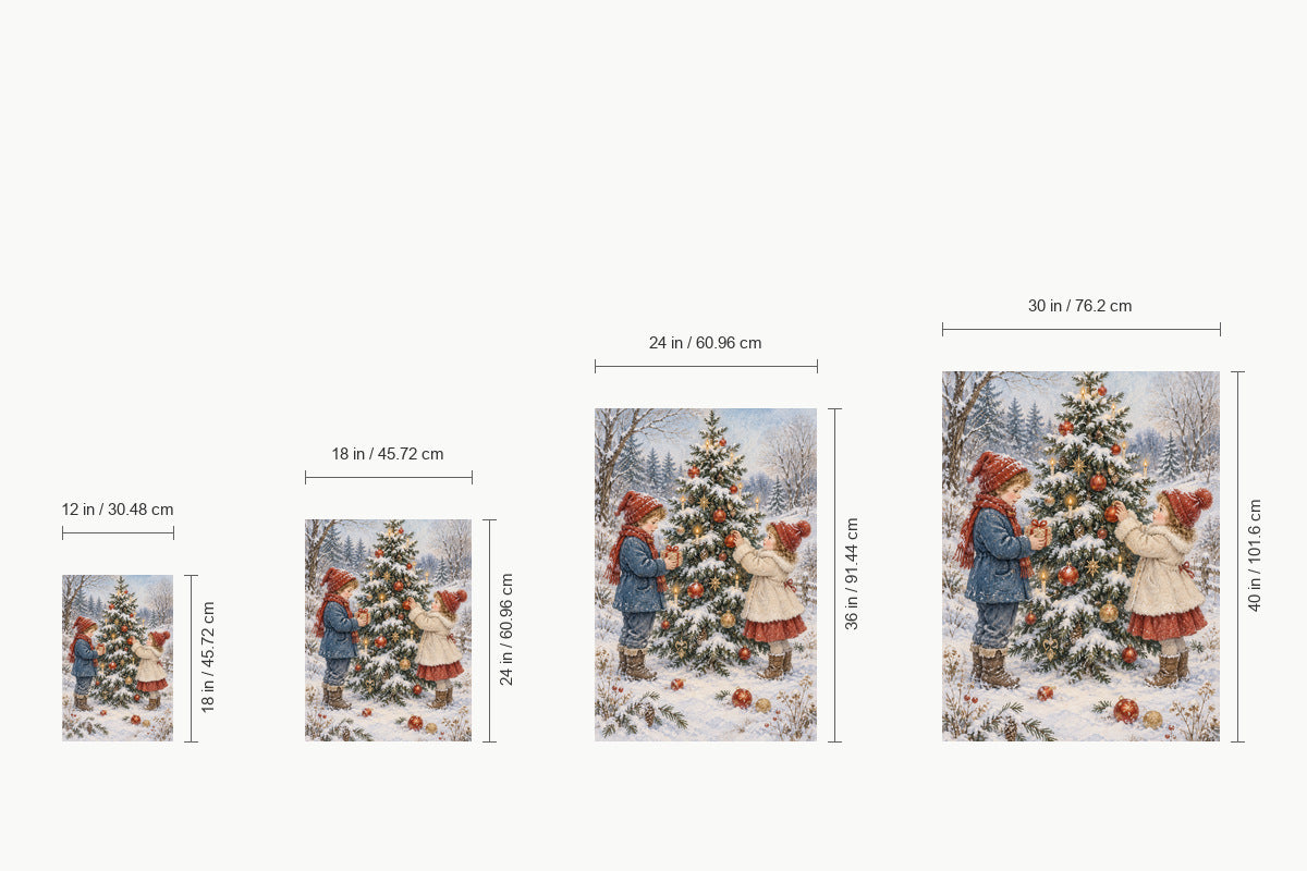 Children Decorating Snowy Christmas Tree — size comparison guide | AUSJOJO
