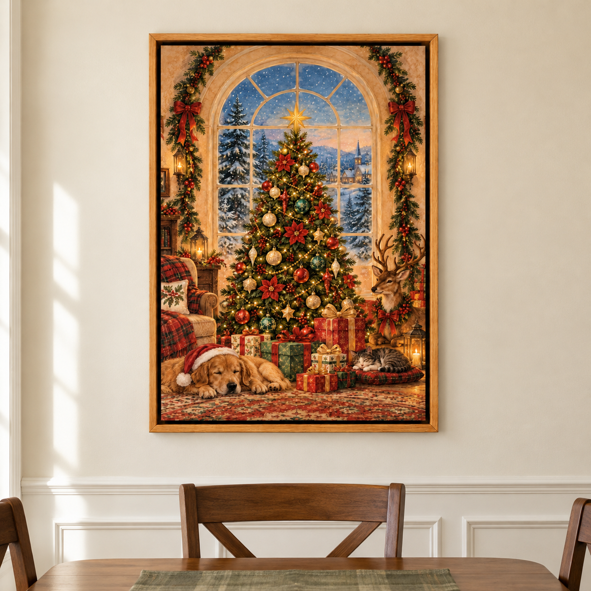 Christmas Tree by Arched Window — Brown Frame room scene | AUSJOJO