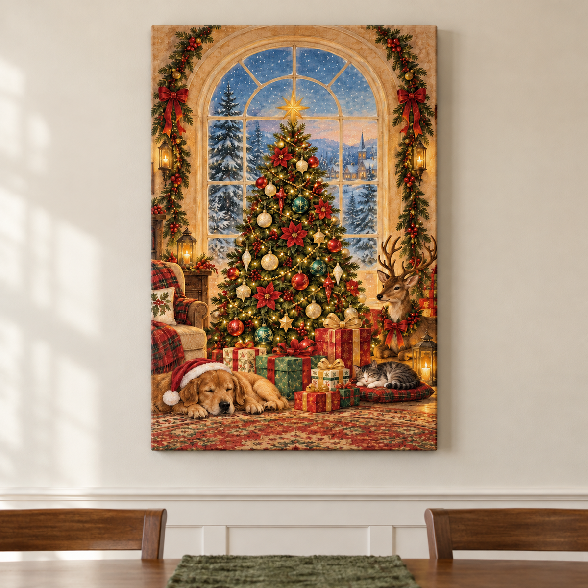 Christmas Tree by Arched Window — Stretched Canvas room scene | AUSJOJO