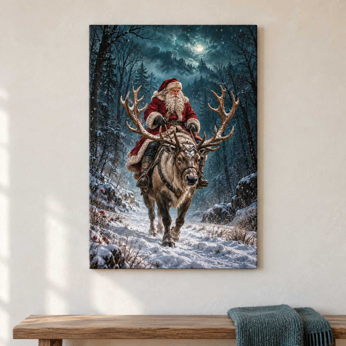Santa Riding Reindeer — framed artwork main view | AUSJOJO