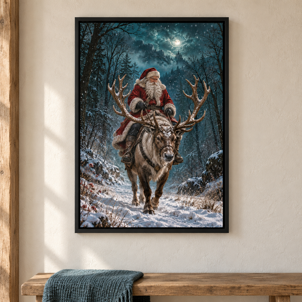 Santa Riding Reindeer — Black Frame room scene | AUSJOJO