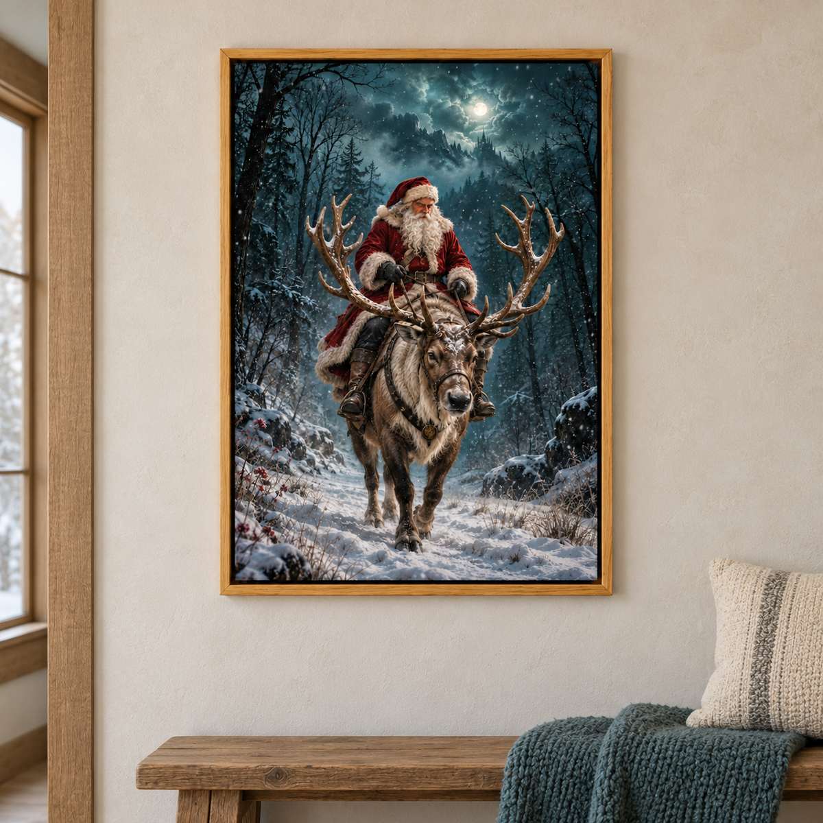 Santa Riding Reindeer — Brown Frame room scene | AUSJOJO