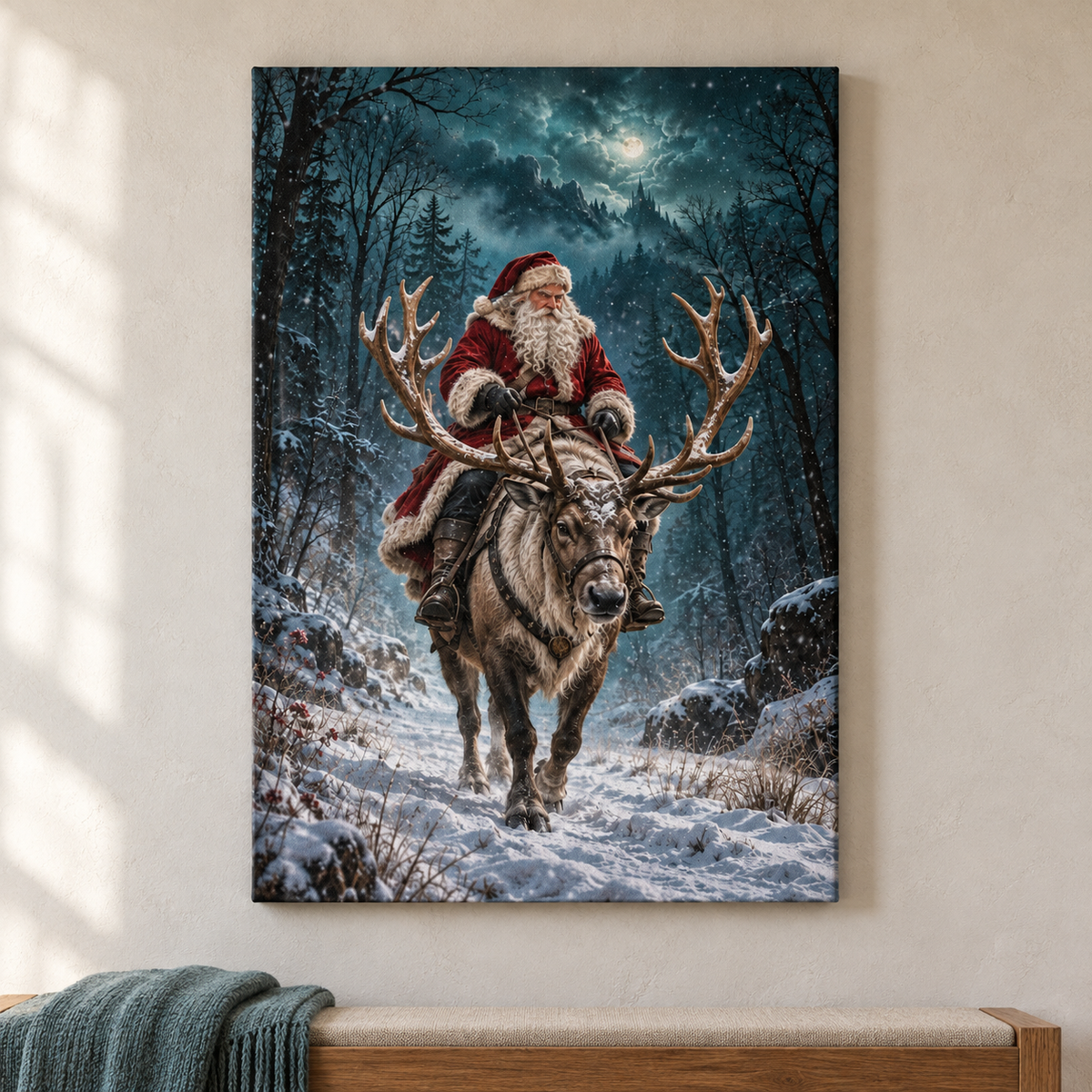 Santa Riding Reindeer — Stretched Canvas room scene | AUSJOJO