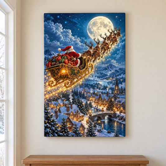 Golden Sleigh over Snowy Town — framed artwork main view | AUSJOJO