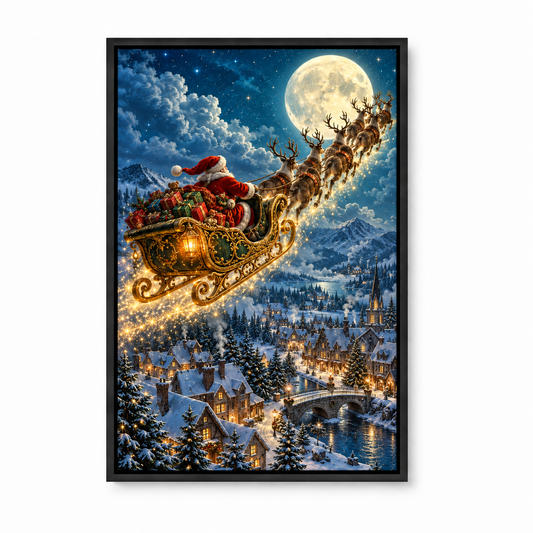 Golden Sleigh over Snowy Town — Black Frame finish product view | AUSJOJO