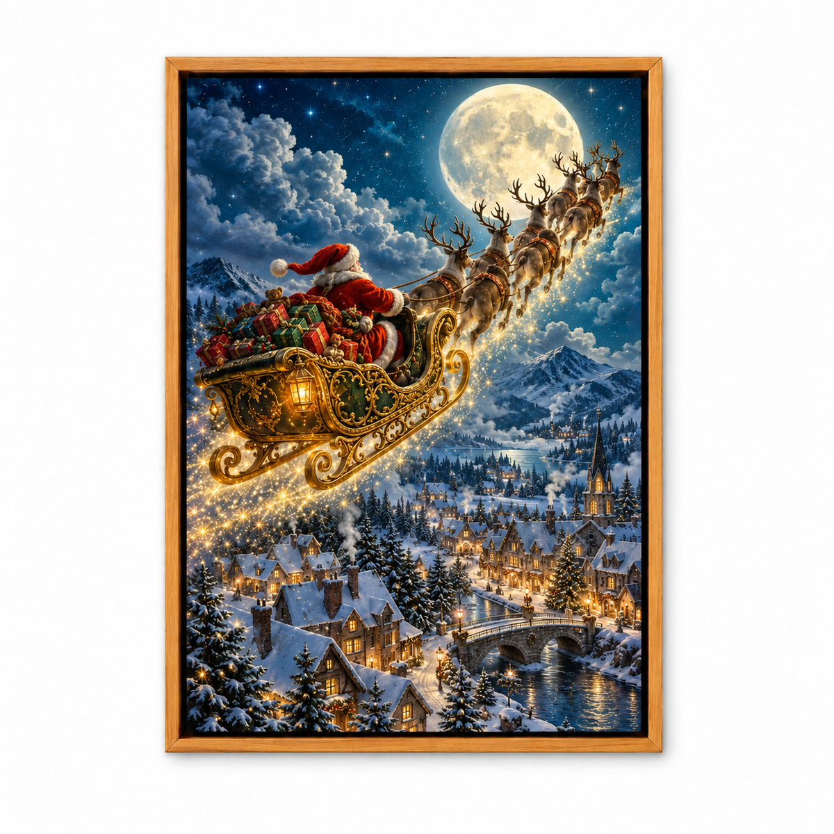 Golden Sleigh over Snowy Town — Brown Frame finish product view | AUSJOJO