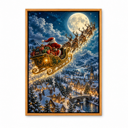 Golden Sleigh over Snowy Town — Brown Frame finish product view | AUSJOJO
