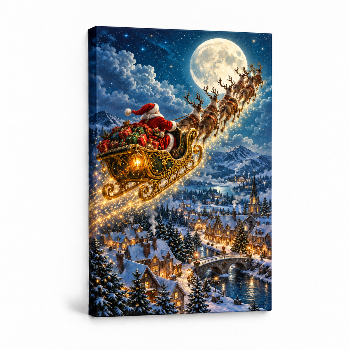Golden Sleigh over Snowy Town — Stretched Canvas product view | AUSJOJO