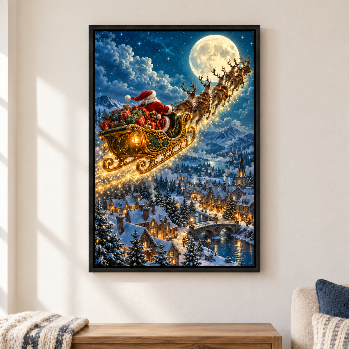 Golden Sleigh over Snowy Town — Black Frame room scene | AUSJOJO
