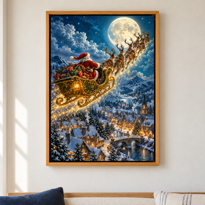Golden Sleigh over Snowy Town — Brown Frame room scene | AUSJOJO
