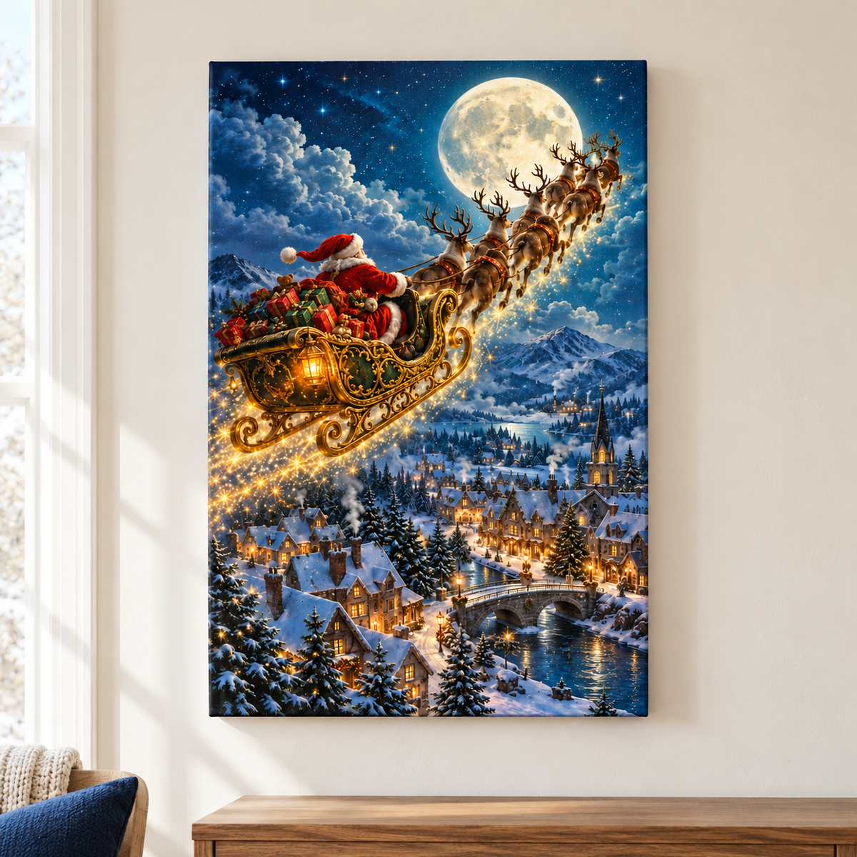 Golden Sleigh over Snowy Town — Stretched Canvas room scene | AUSJOJO