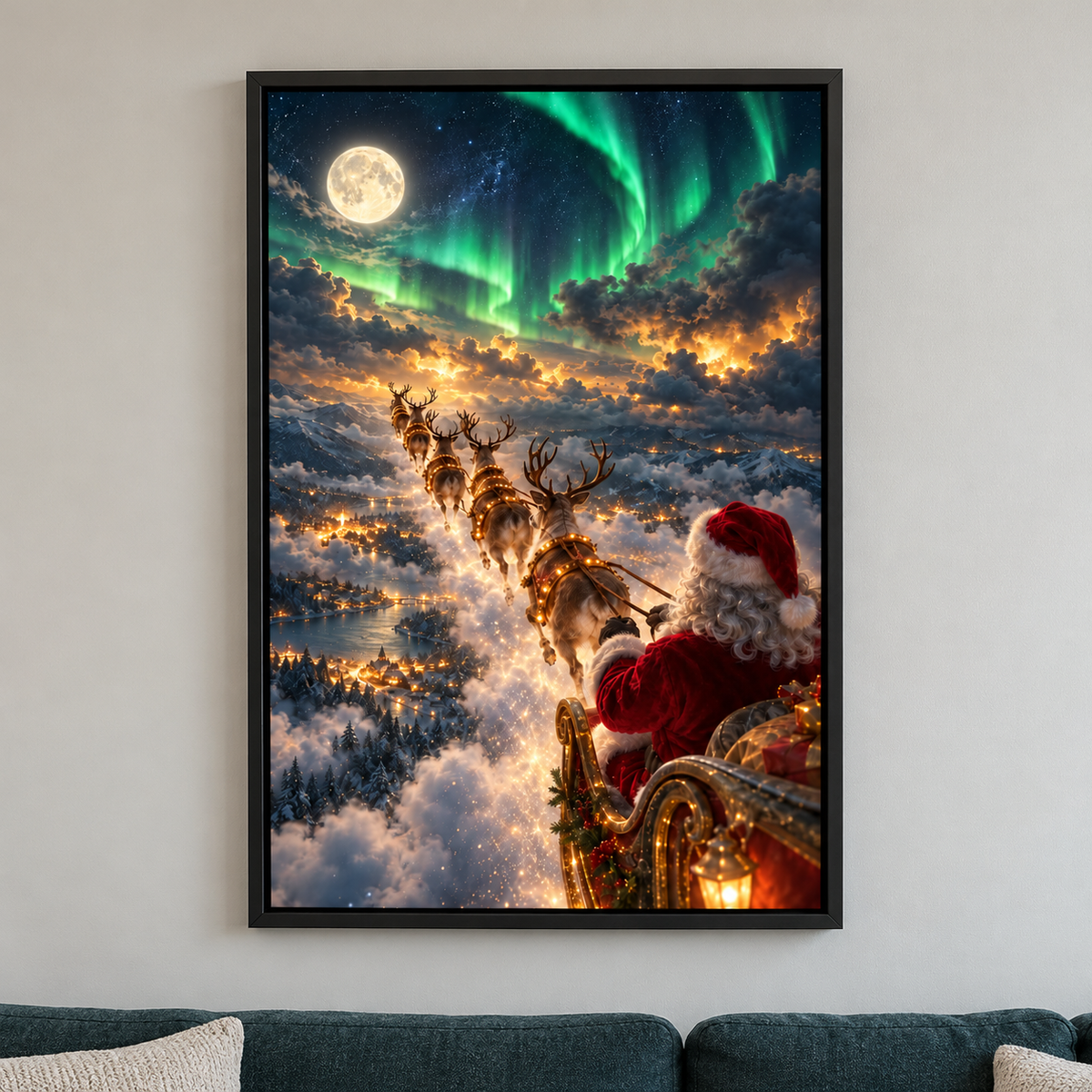 Santa Aurora Sleigh Flight — Black Frame room scene | AUSJOJO