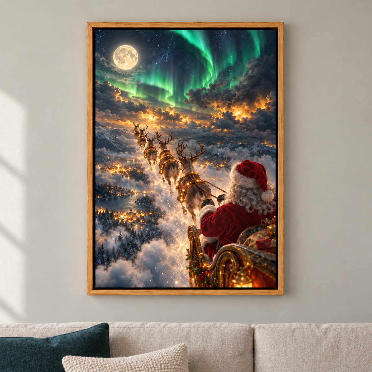 Santa Aurora Sleigh Flight — Brown Frame room scene | AUSJOJO