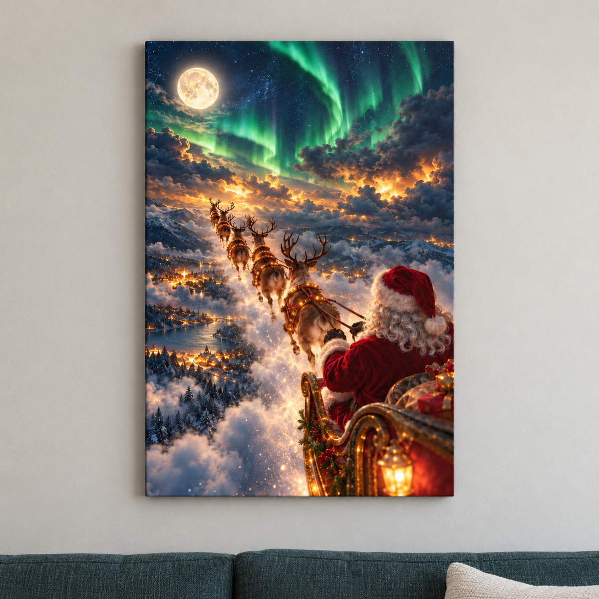Santa Aurora Sleigh Flight — Stretched Canvas room scene | AUSJOJO