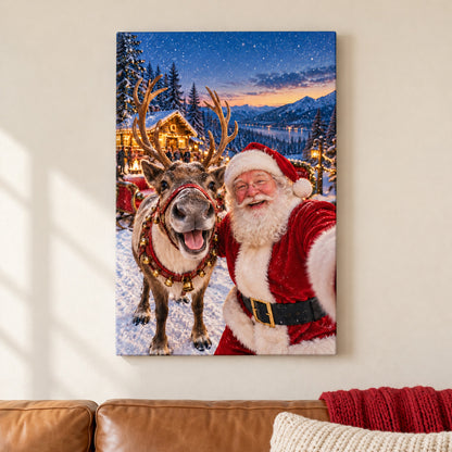 Santa and Reindeer Holiday Selfie — framed artwork main view | AUSJOJO