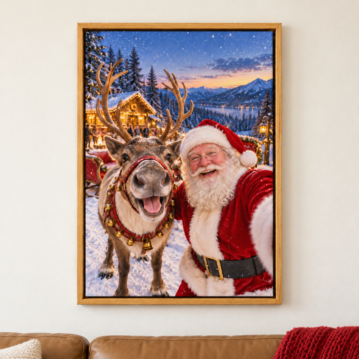 Santa and Reindeer Holiday Selfie — Brown Frame room scene | AUSJOJO
