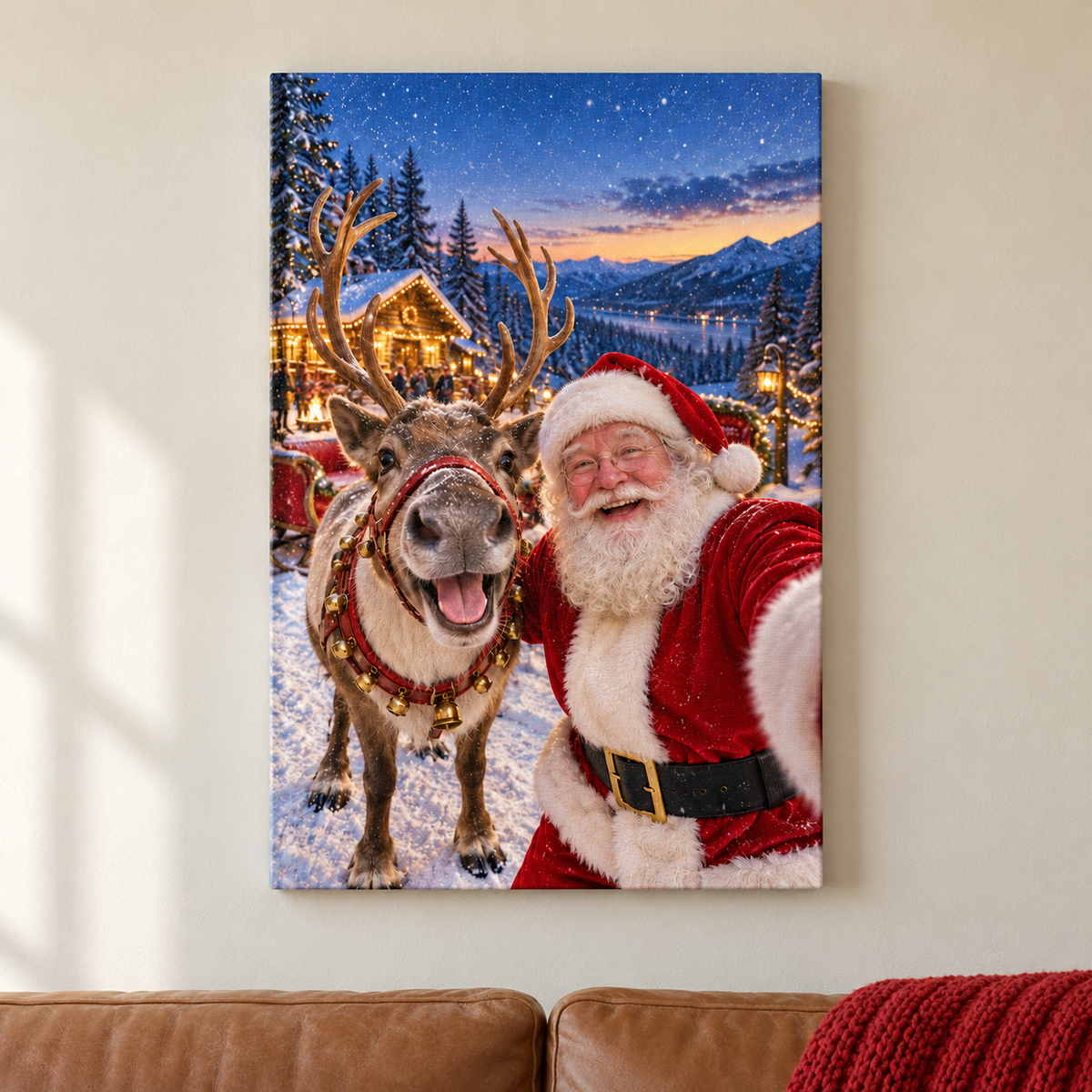 Santa and Reindeer Holiday Selfie — Stretched Canvas room scene | AUSJOJO