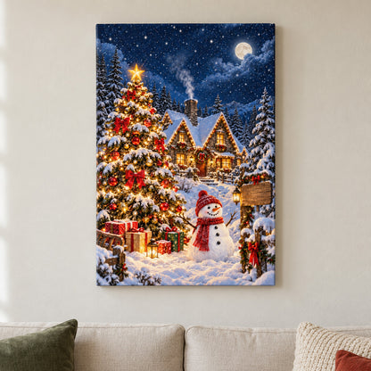 Christmas Tree Snowman and Cottage — framed artwork main view | AUSJOJO