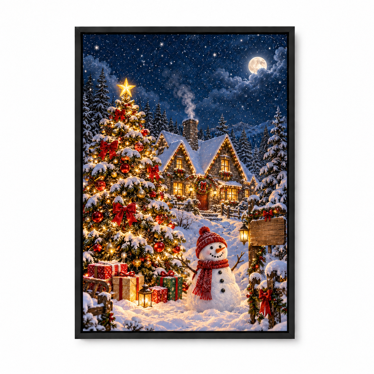 Christmas Tree Snowman and Cottage — Black Frame finish product view | AUSJOJO