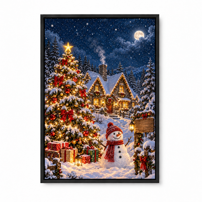 Christmas Tree Snowman and Cottage — Black Frame finish product view | AUSJOJO
