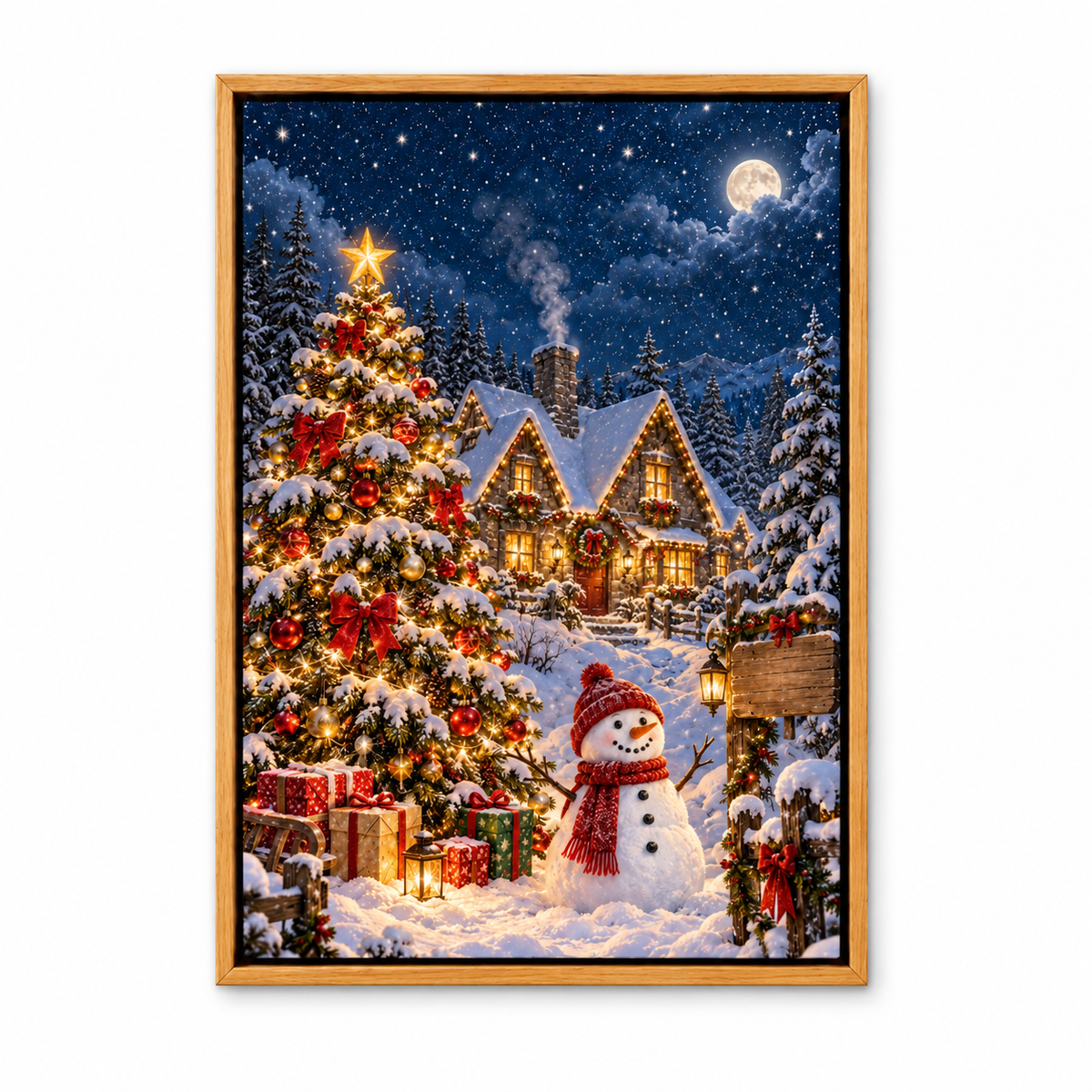 Christmas Tree Snowman and Cottage — Brown Frame finish product view | AUSJOJO