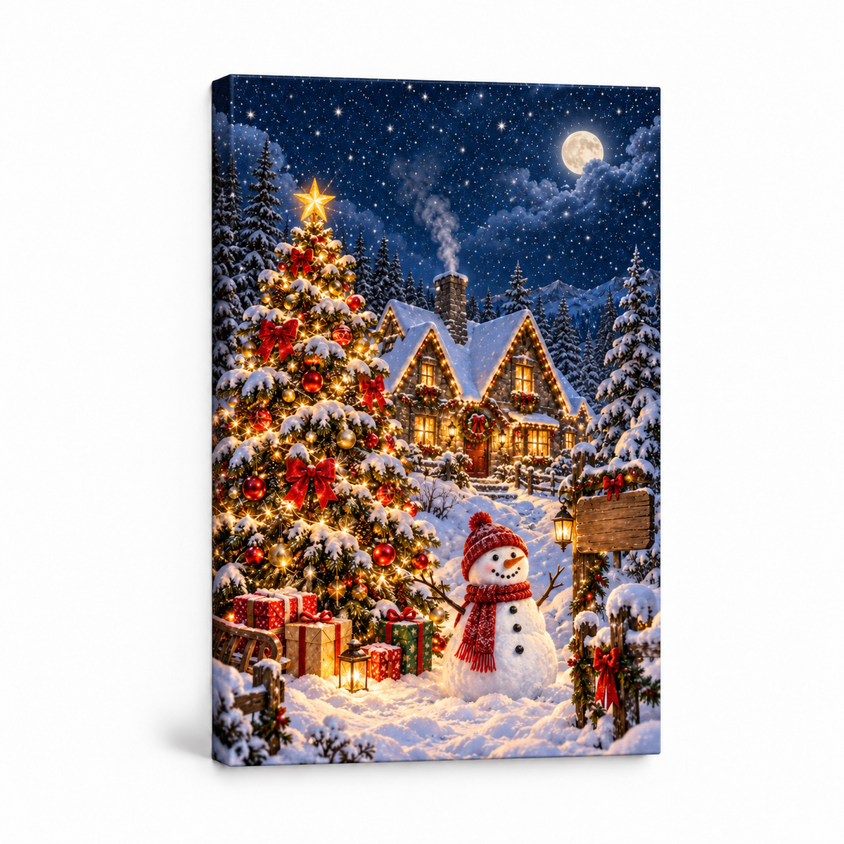 Christmas Tree Snowman and Cottage — Stretched Canvas product view | AUSJOJO