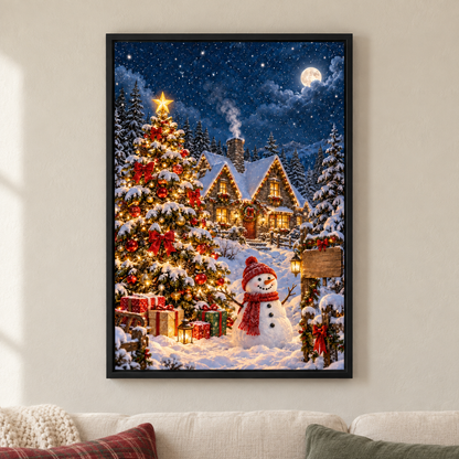 Christmas Tree Snowman and Cottage — Black Frame room scene | AUSJOJO