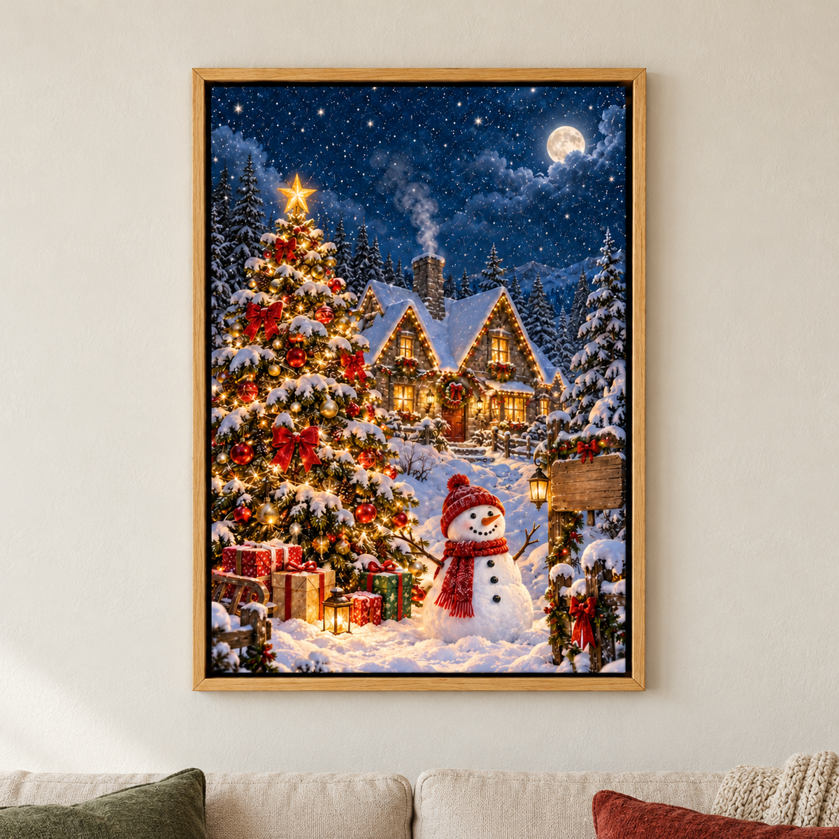 Christmas Tree Snowman and Cottage — Brown Frame room scene | AUSJOJO