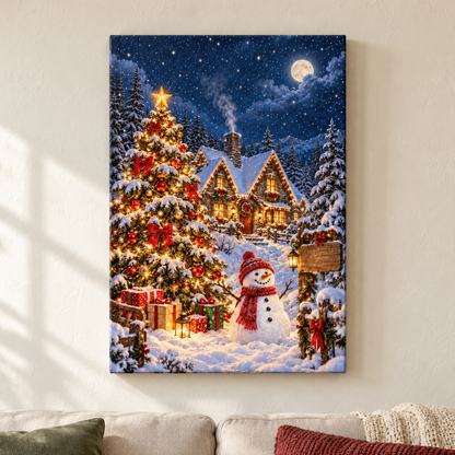 Christmas Tree Snowman and Cottage — Stretched Canvas room scene | AUSJOJO