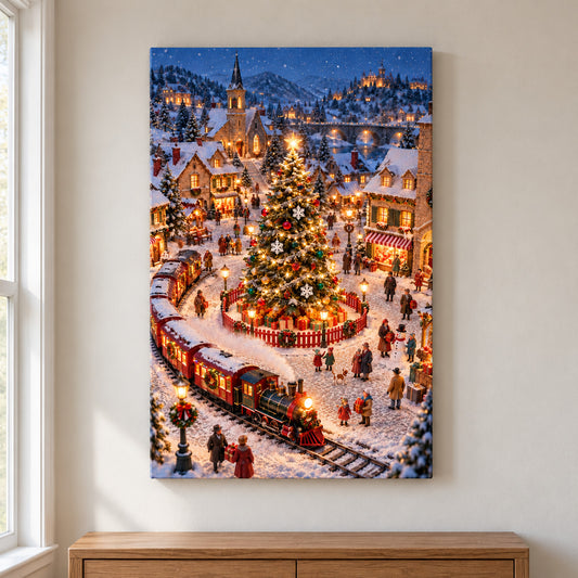 Christmas Village and Steam Train — framed artwork main view | AUSJOJO