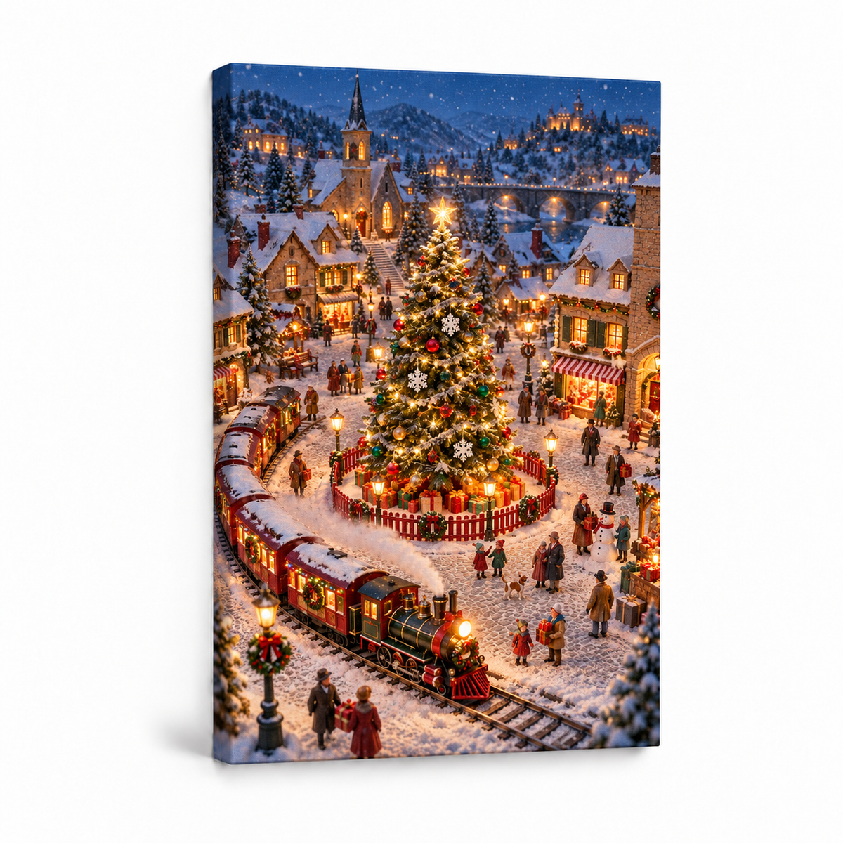 Christmas Village and Steam Train — Stretched Canvas product view | AUSJOJO