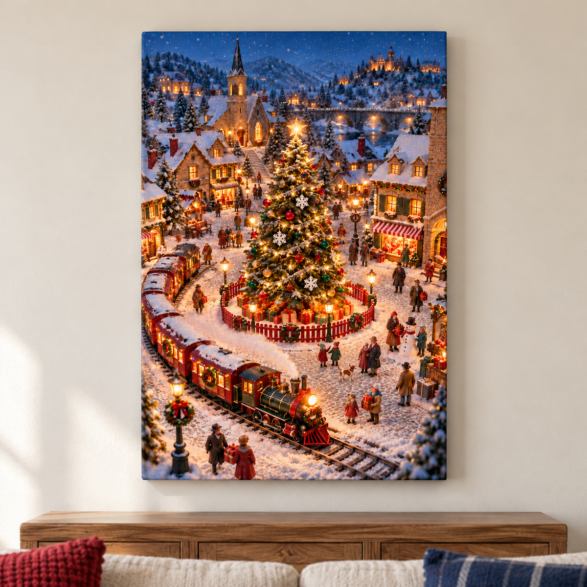 Christmas Village and Steam Train — Stretched Canvas room scene | AUSJOJO