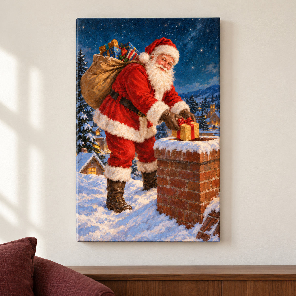 Santa Delivering Gift at Chimney — framed artwork main view | AUSJOJO