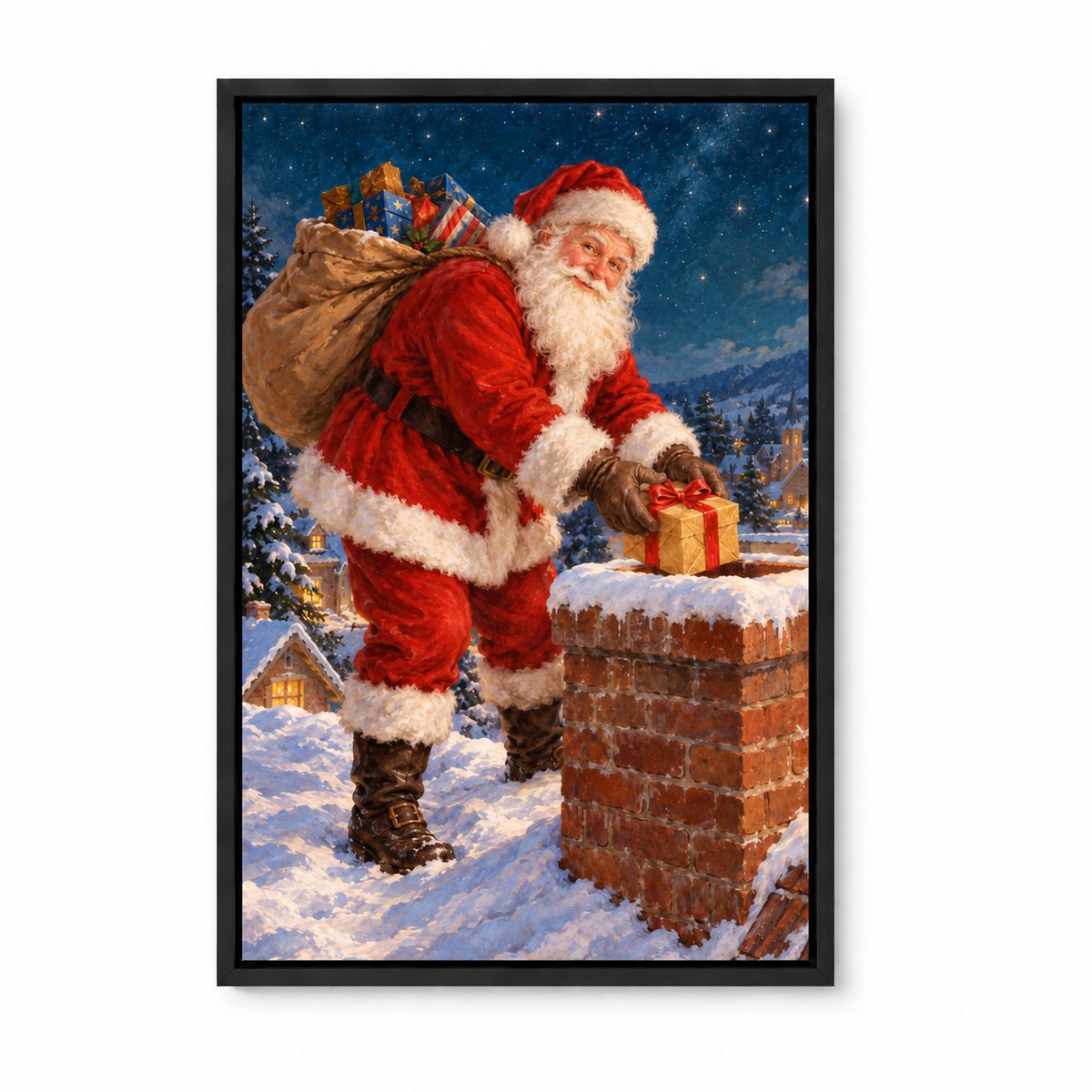 Santa Delivering Gift at Chimney — Black Frame finish product view | AUSJOJO