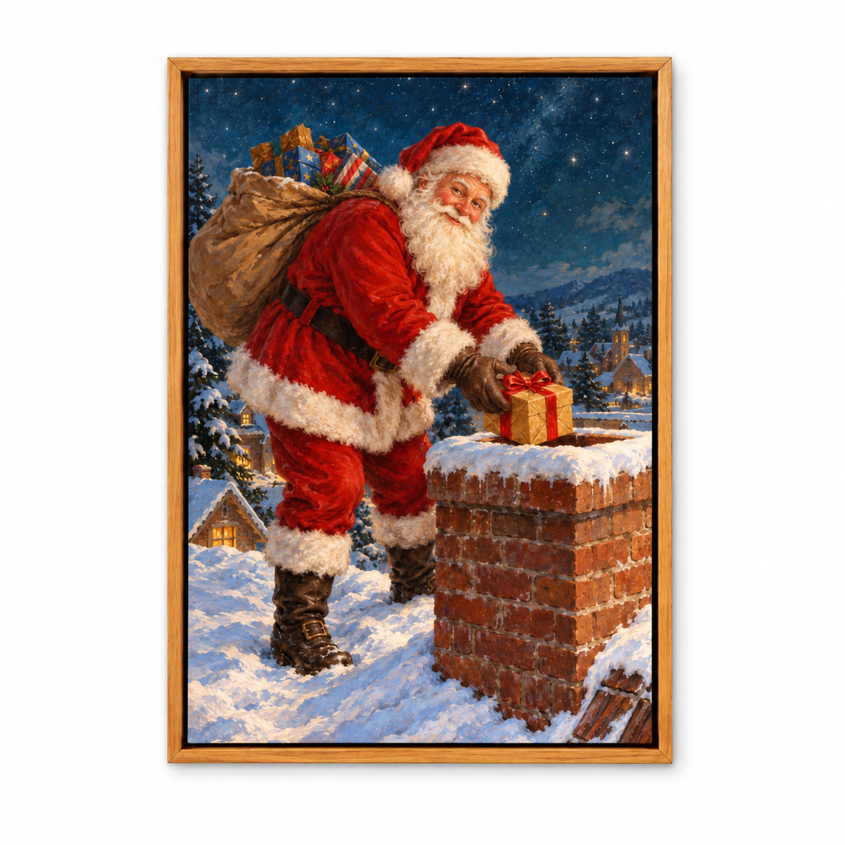 Santa Delivering Gift at Chimney — Brown Frame finish product view | AUSJOJO