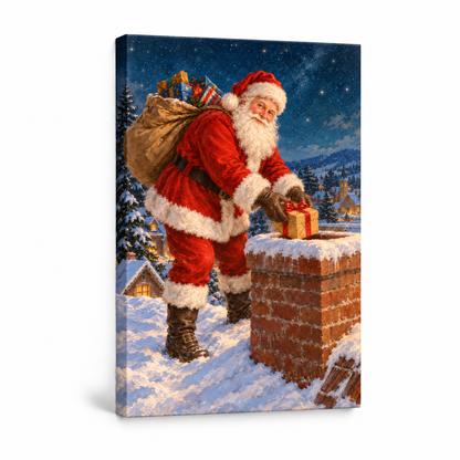 Santa Delivering Gift at Chimney — Stretched Canvas product view | AUSJOJO