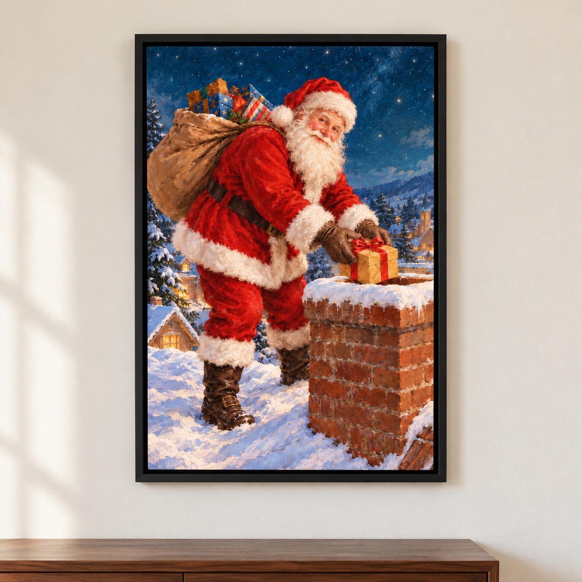Santa Delivering Gift at Chimney — Black Frame room scene | AUSJOJO